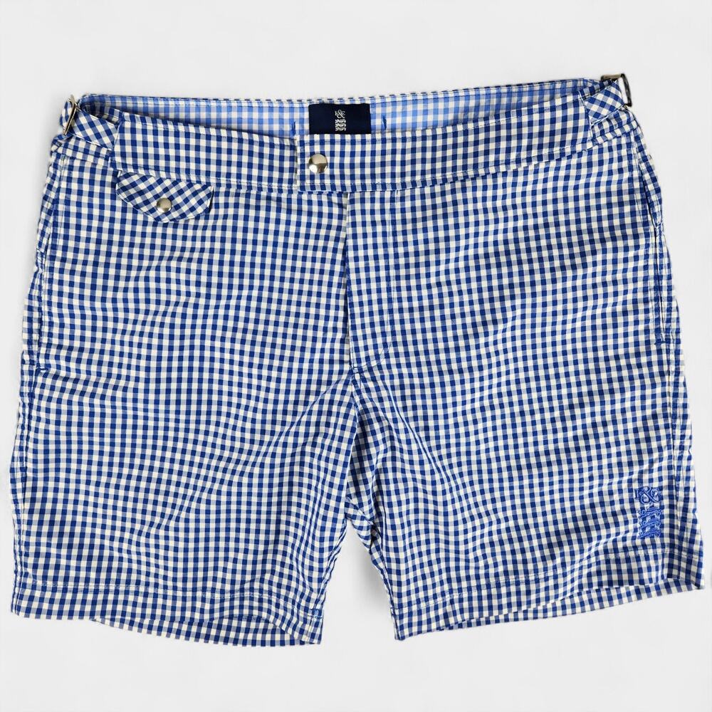 Kent & Curwen England Swim Shorts Men's 34 Blue Gingham Adjustable Waist